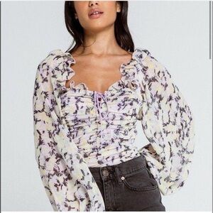 Free People Mable Garden Floral Printed Blouse Smocked Back Balloon Sleeve Top
